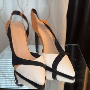 ZARA White, Black & Tan Pointed Slingback Heels